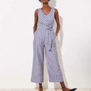 LOFT Charcoal and White Striped Sleeve V Jumpsuit